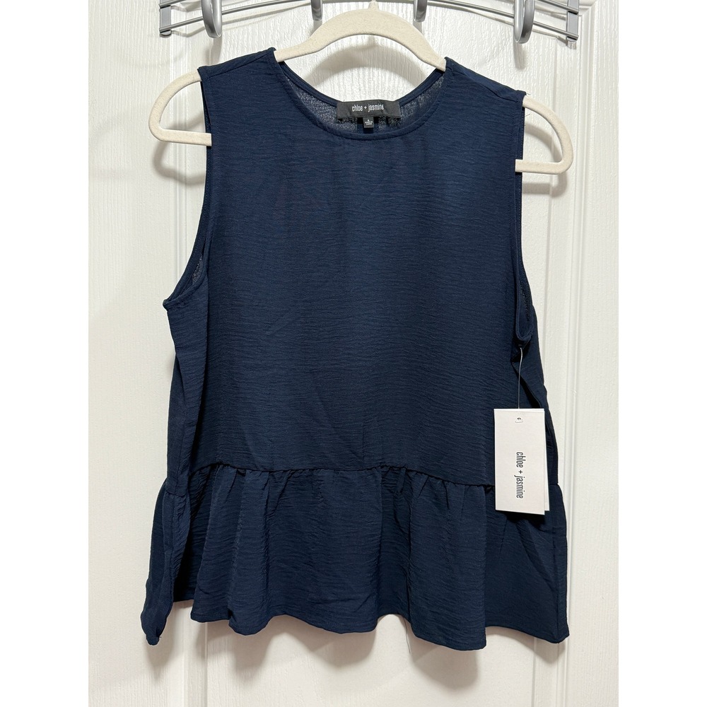 Chloe + Jasmine Navy Blue Peplum Sleeveless Top Womens Small Textured Button NWT